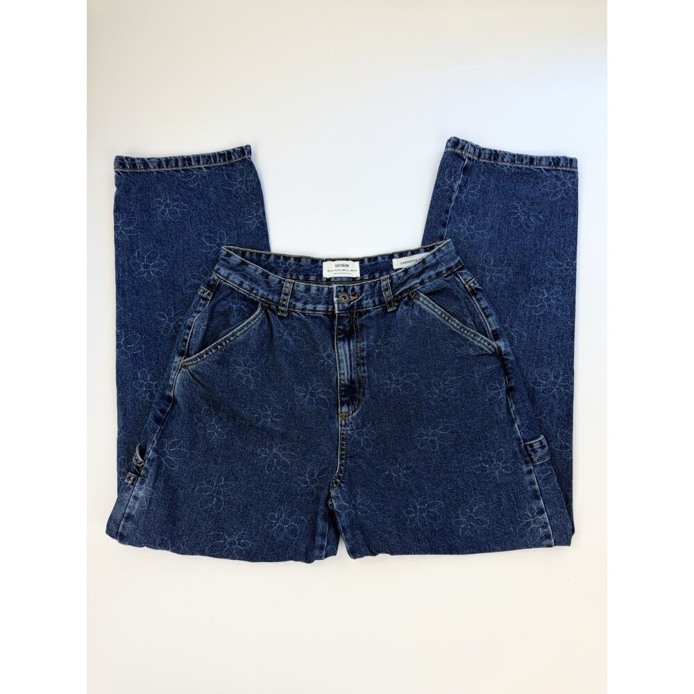 Cotton On Floral Carpenter Jeans Size 8 Blue Wide Leg Cargo Pants High Rise - Picture 6 of 13